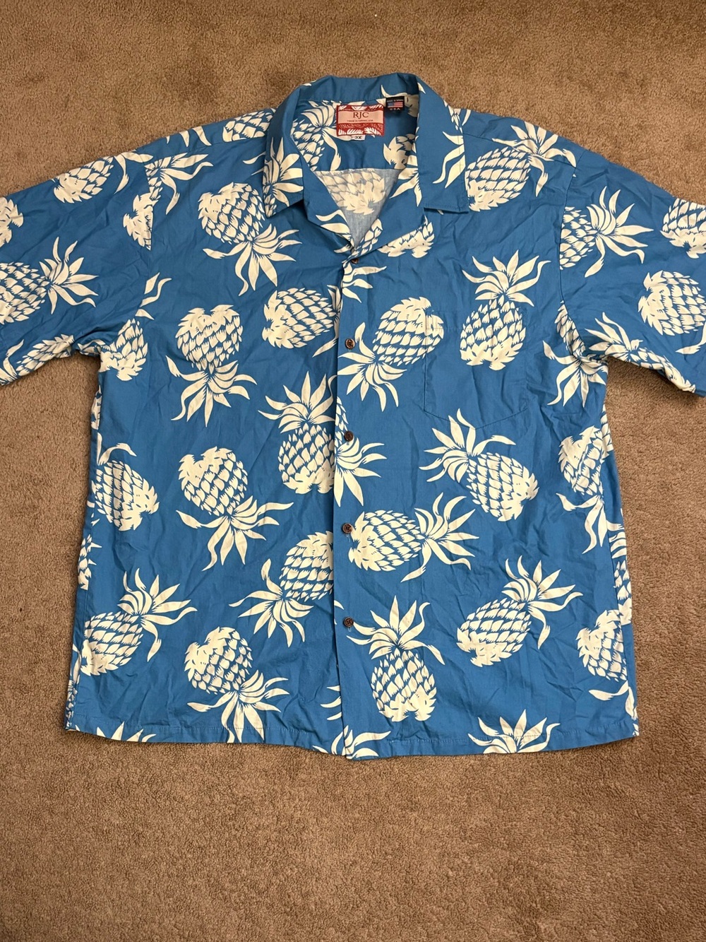 RJC Shirt Mens 3X Blue Pineapple AOP Short Sleeve Button Up Beach Hawaiian